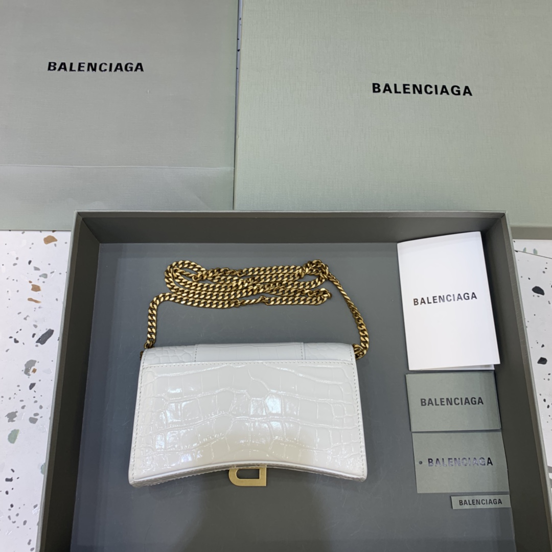 Balenciaga Small Hourglass Wallet With Chain Crocodile Embossed Shoulder Bag White